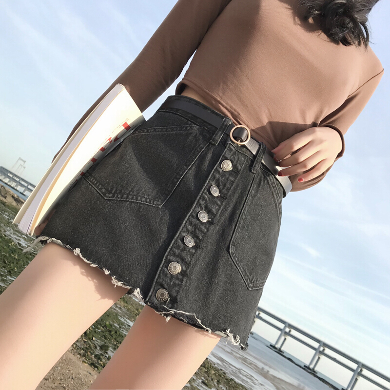 2018春夏韩版修身显瘦防走光单排扣黑色牛仔裤裙半身裙短裙子黑色
