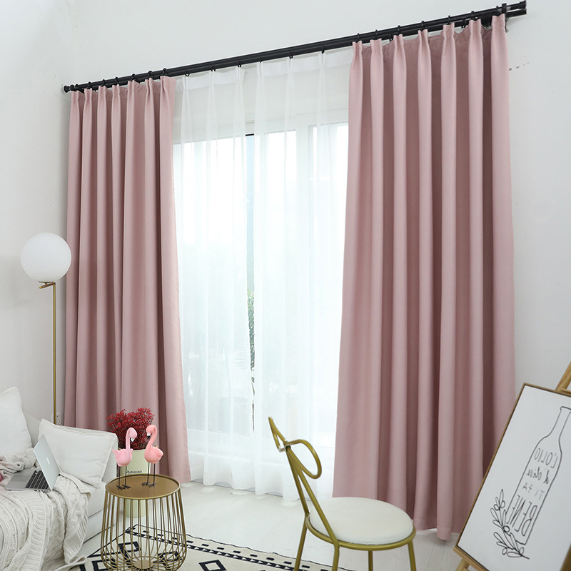 幸福派 遮光窗帘北欧简约现代挂钩窗帘打孔窗帘手感光滑窗帘飘窗客厅帘子遮阳布拼色儿童房窗帘轻奢卧室挂钩纯色窗帘 光面窗帘-粉红色 【韩式款】定制每米价格