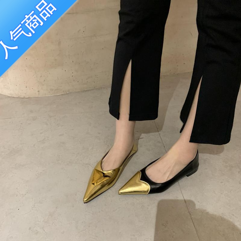 SUNTEK法式尖头平底鞋女2023春夏新款显瘦仙女风金色单鞋子方扣包头凉鞋
