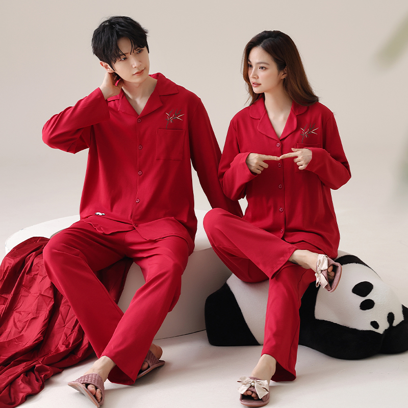 浪莎红色睡衣春秋2025新款结婚情侣套装纯棉长袖新婚喜庆家居服HJ M Y9520女
