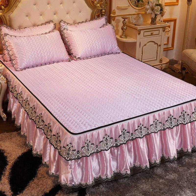 美帮汇床裙款冰丝凉席三件套夏季1.8m可水洗机洗折叠空调席1.5米2软席子 粉色-MY 1.8m（6英尺）床
