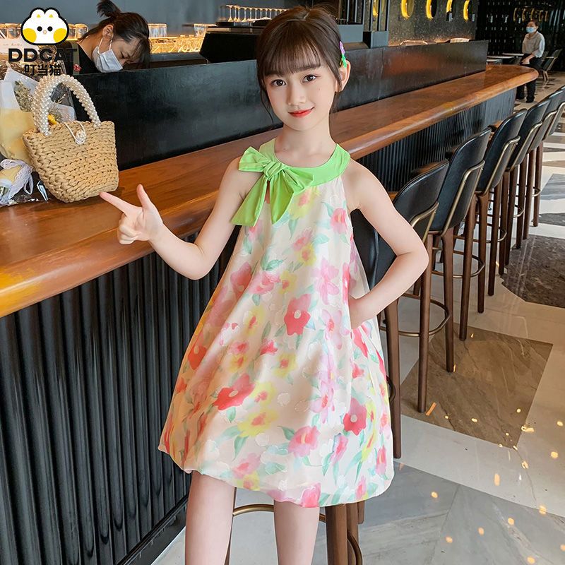 叮当猫童装夏季儿童裙子女童连衣裙清新田园风小碎花挂脖背心裙潮