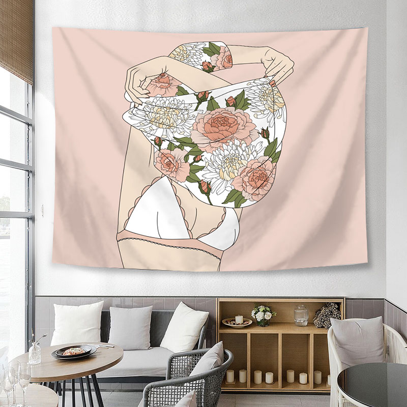 美帮汇欧美鲜花墙面装饰背景布布艺墙挂布挂毯床头卧室房屋遮挡 图六 绒布150高*200宽厘米(横款)高清大图