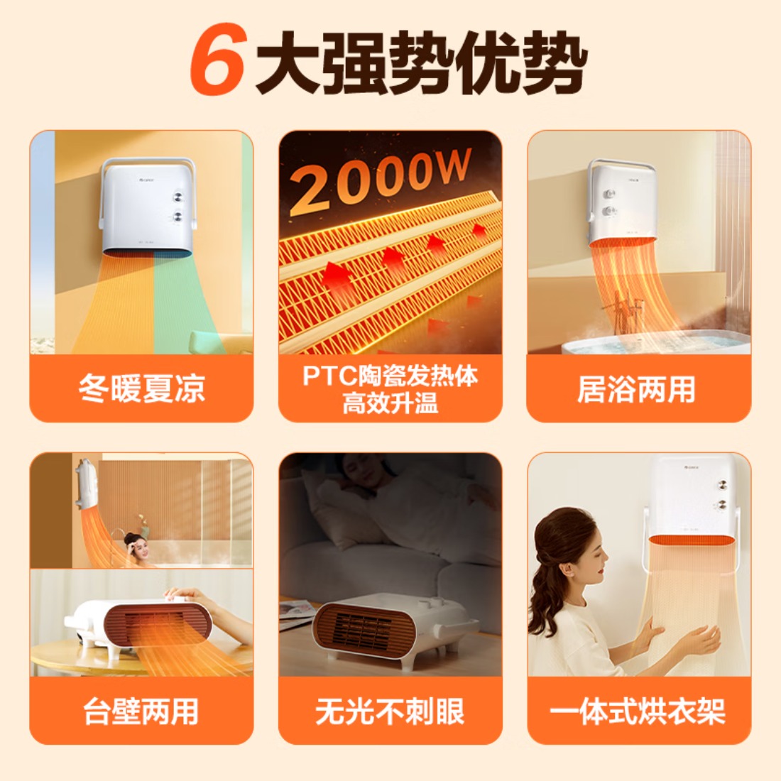 格力(GREE) 暖风机台壁式家用IPX3级防水浴室电暖器居浴两用电暖气速热取暖器热风机 NBFD-X6020