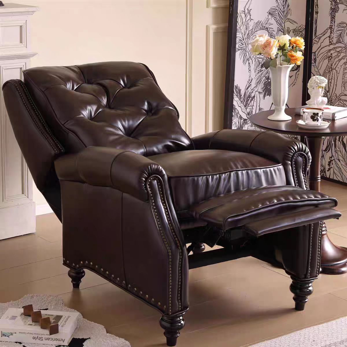 美式中古风休闲椅老虎椅小户型复古真皮单人沙发功能椅子多功能高清大图