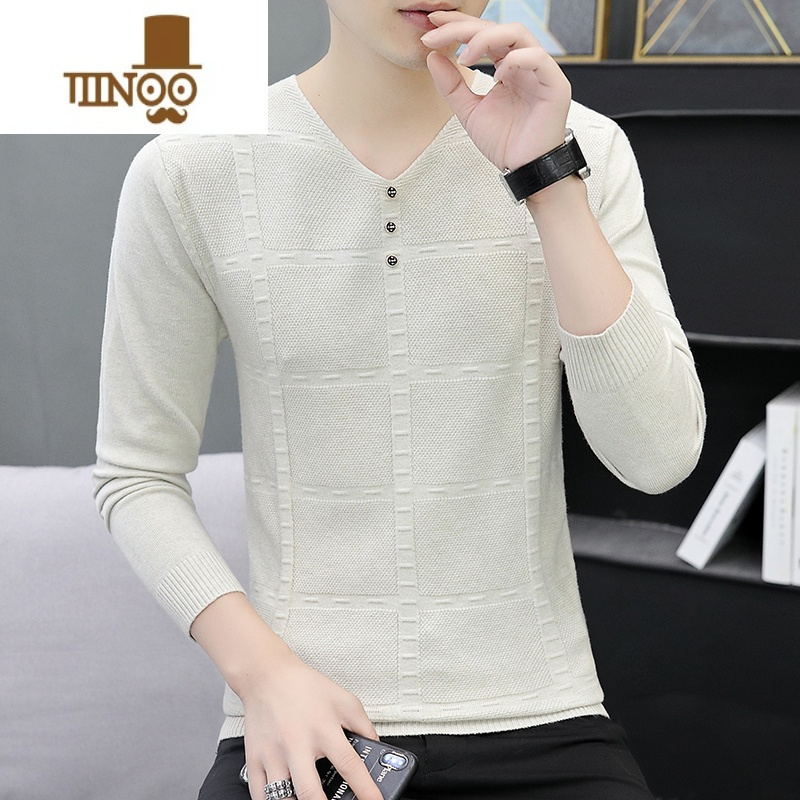 YANXU男士秋季潮流v领薄款毛衣新款鸡心领针织衫百搭帅气套头打底线衣