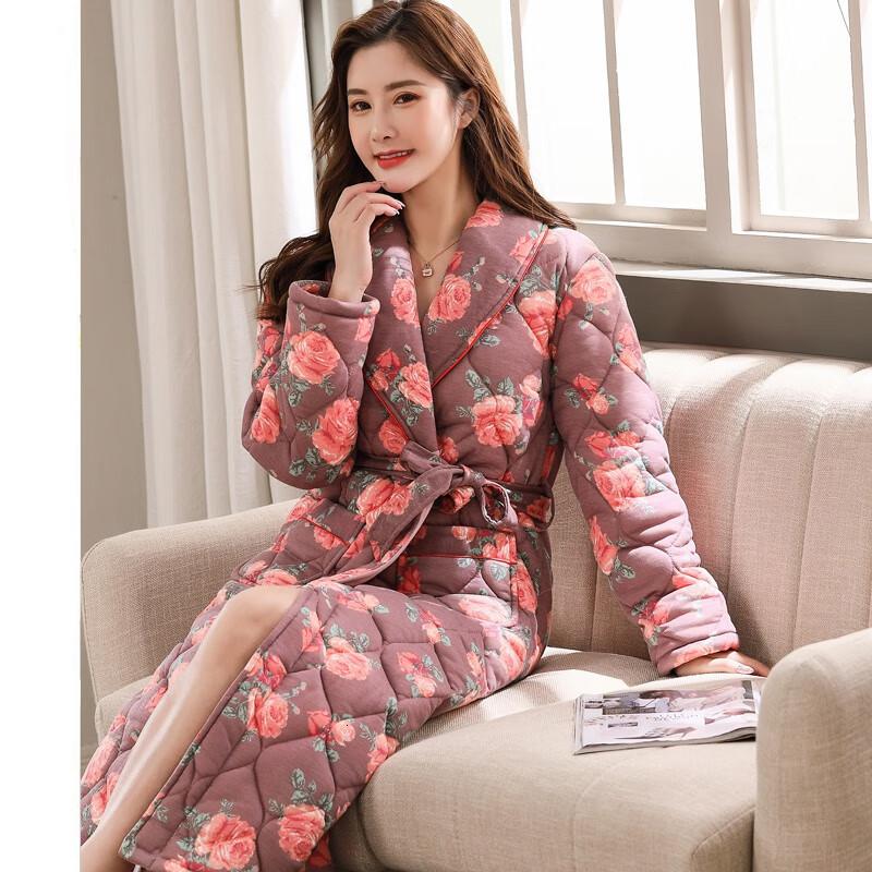 卡姿希品牌服饰 睡衣长款加厚纯棉睡袍女士季大码浴袍中年妈妈保暖夹