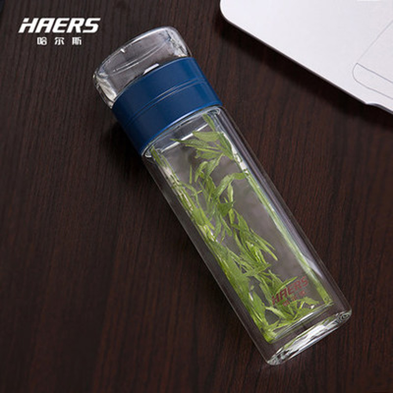 哈尔斯双层玻璃茶水分离杯男女小杯子泡茶过滤杯高档简约便携清新 蓝色300ml（带独立式茶仓）（赠送杯刷