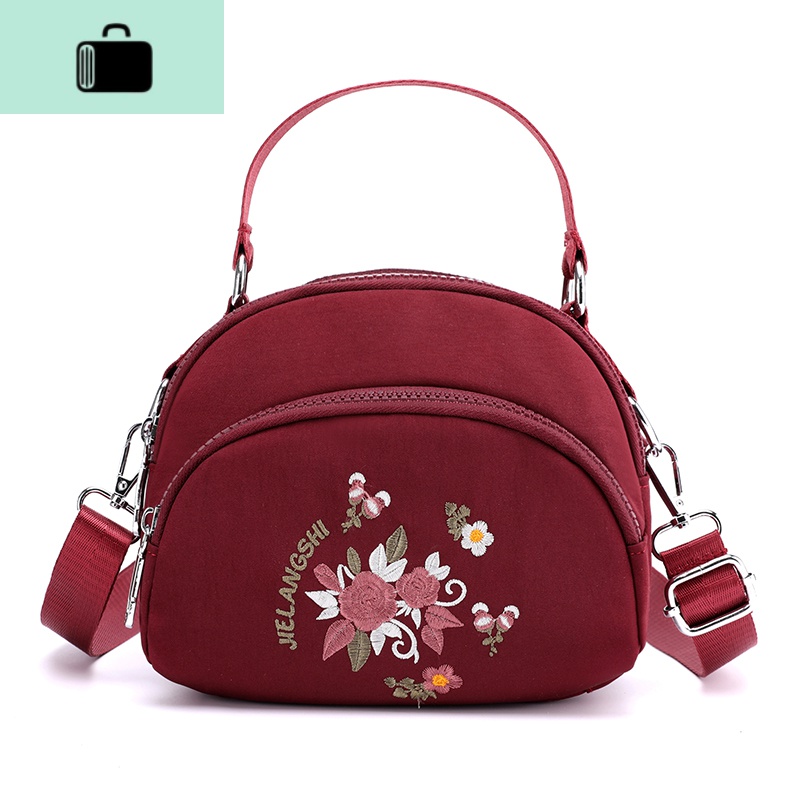 上新女包民族风刺绣单肩斜挎包百搭尼龙帆布小包手机零钱包NEW LAKE 酒红色-9893大号