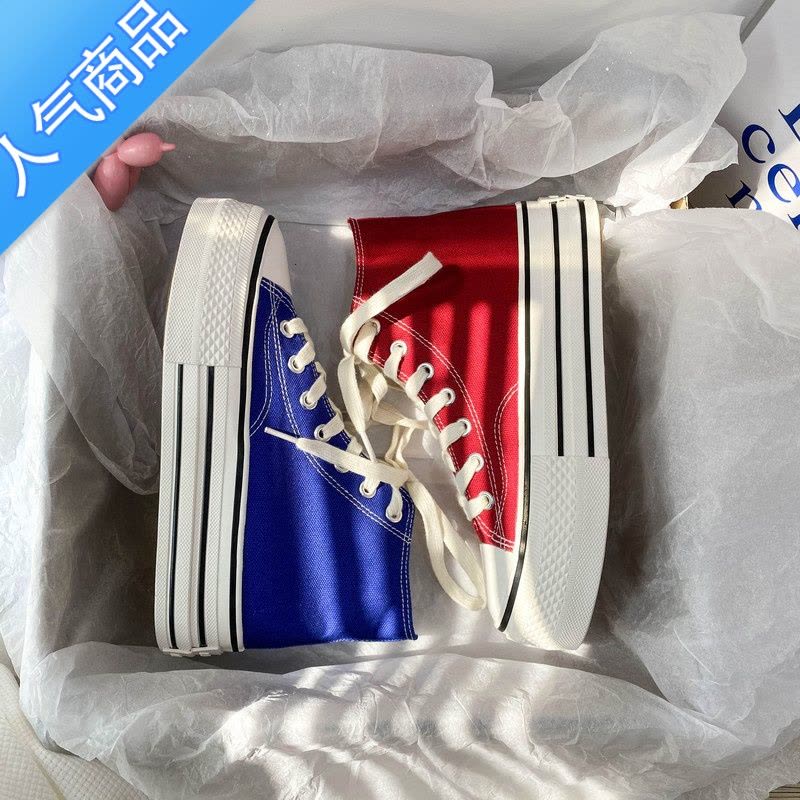 SUNTEK名牌夏季新款厚底高帮帆布鞋女韩版百搭经典红色休闲女鞋松糕鞋潮图片