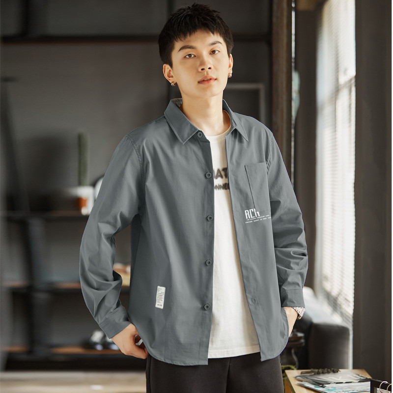 唐狮衬衫男长袖衬衫衬衣男士衬衫秋季男翻领前胸口袋印花长袖衬衫