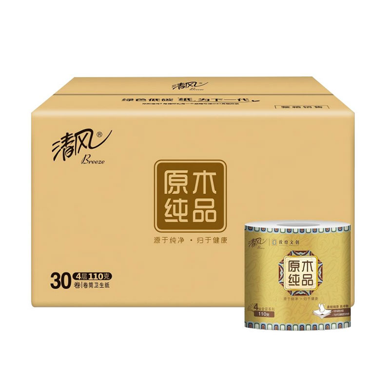 清风敦煌文创 原木纯品系列4层加厚纸巾 110g 30卷/箱 LT