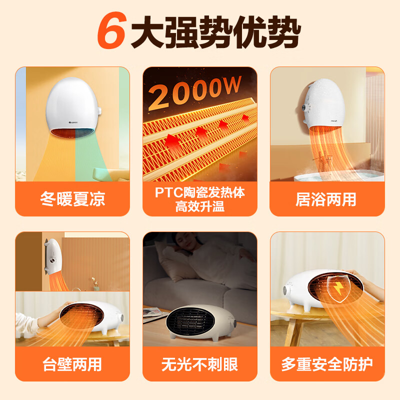 格力(GREE) 取暖器家用暖风机浴室防水壁挂电暖器速热居浴两用节能台式 NBFB-20-WG高清大图