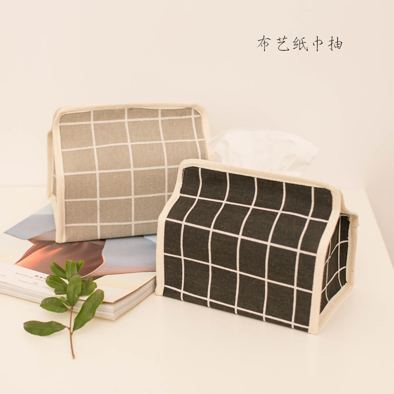 INS北欧风清新简约棉麻布艺纸巾纳丽雅袋抽纸盒客餐厅汽车载挂式纸巾套 多彩仙人掌凹槽款