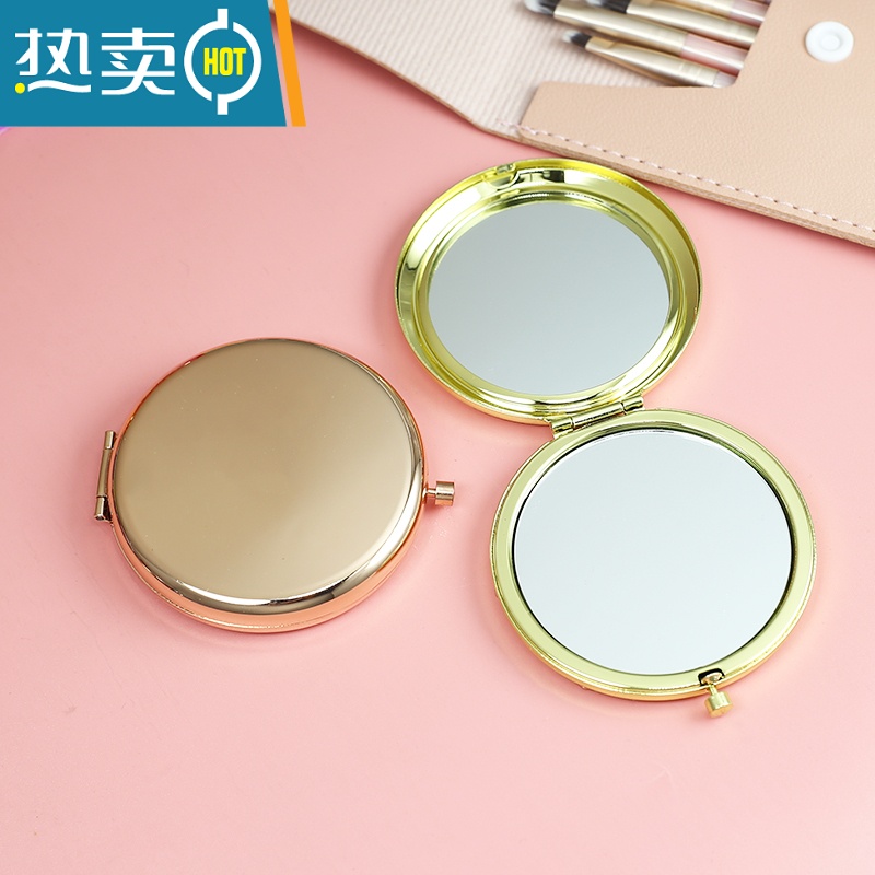 敬平金属化妆镜 双面光亮纯色折叠便携小镜子玫瑰金随身手持金色镜便携式用镜 7厘米金色高清大图
