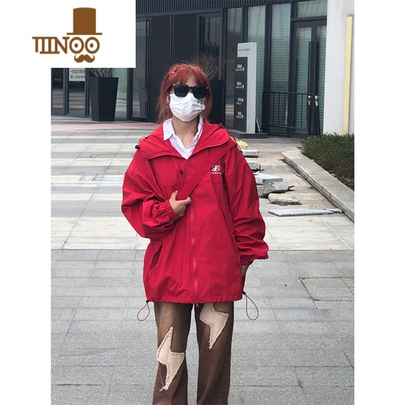 YANXU美式街头红色防水冲锋衣男女开衫运动拉链潮牌夹克刺绣防风衣外套高清大图