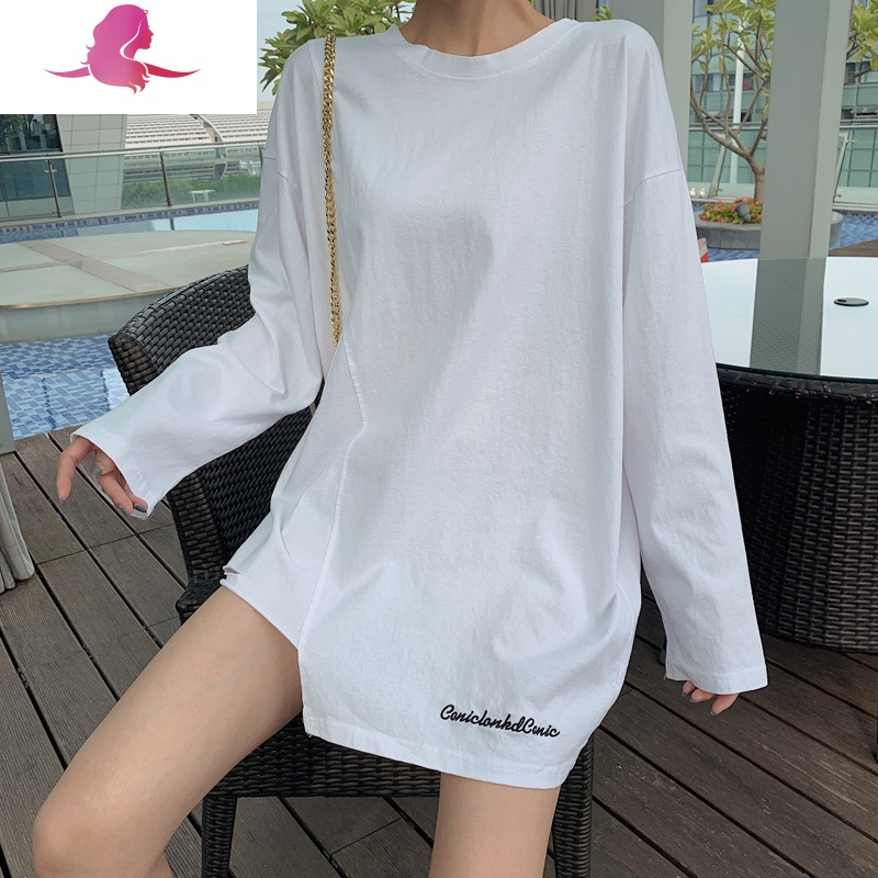 艳如飞白色t恤女破洞不规则棉内搭打底衫女春秋字母长袖上衣2020新款T恤