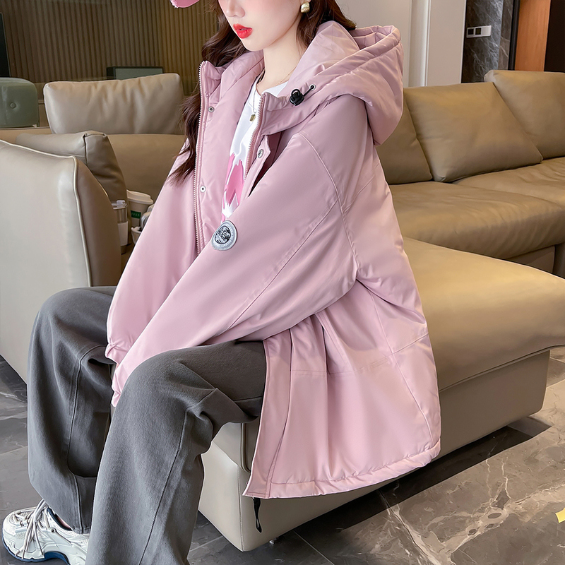 唐狮派克服棉衣女冬款2024年新款韩版百搭小个子连帽工装棉服外套 S 豆沙粉