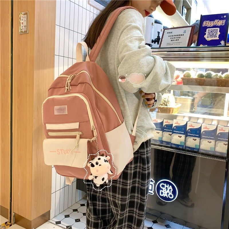 书包女韩版双肩包高中生初中生中学生小校园双肩背包三到六年级大 优质粉色[防泼水+防盗兜] 单品无挂件