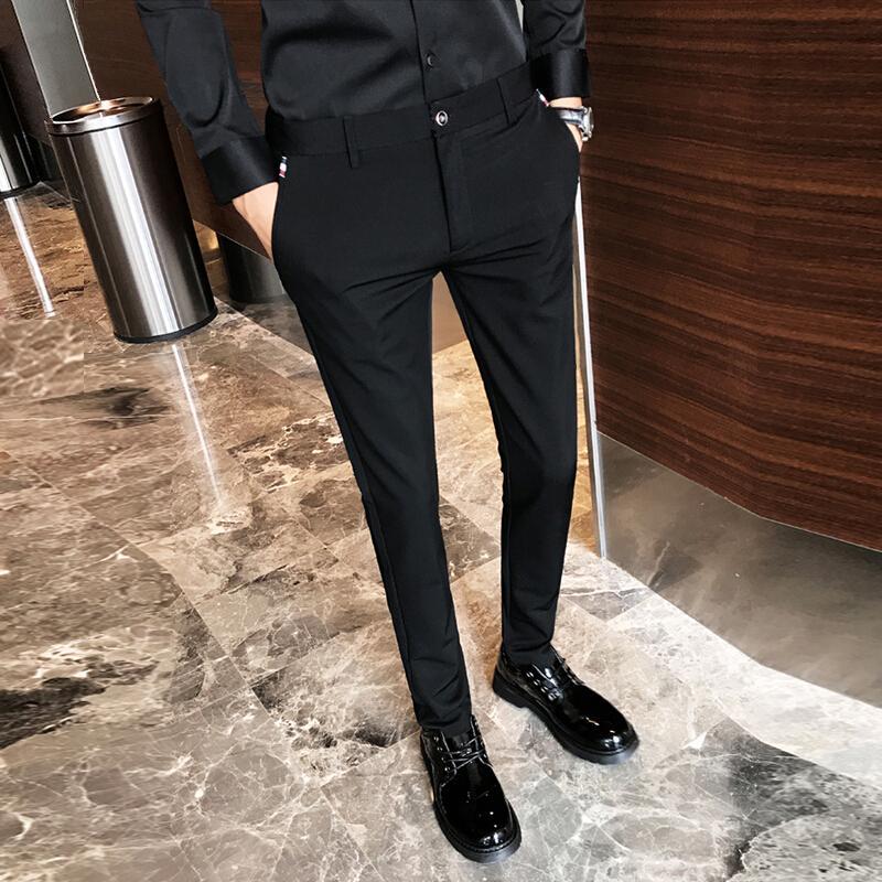 春季男士休闲裤韩版修身小脚裤青年西裤商务西装裤弹力长裤子黑色(时尚款)