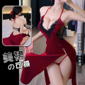 长夜漫漫情趣内衣性感吊带复古丝绒长开衩女王长裙连衣裙制服1153Pz 均码(80-120斤) 红色