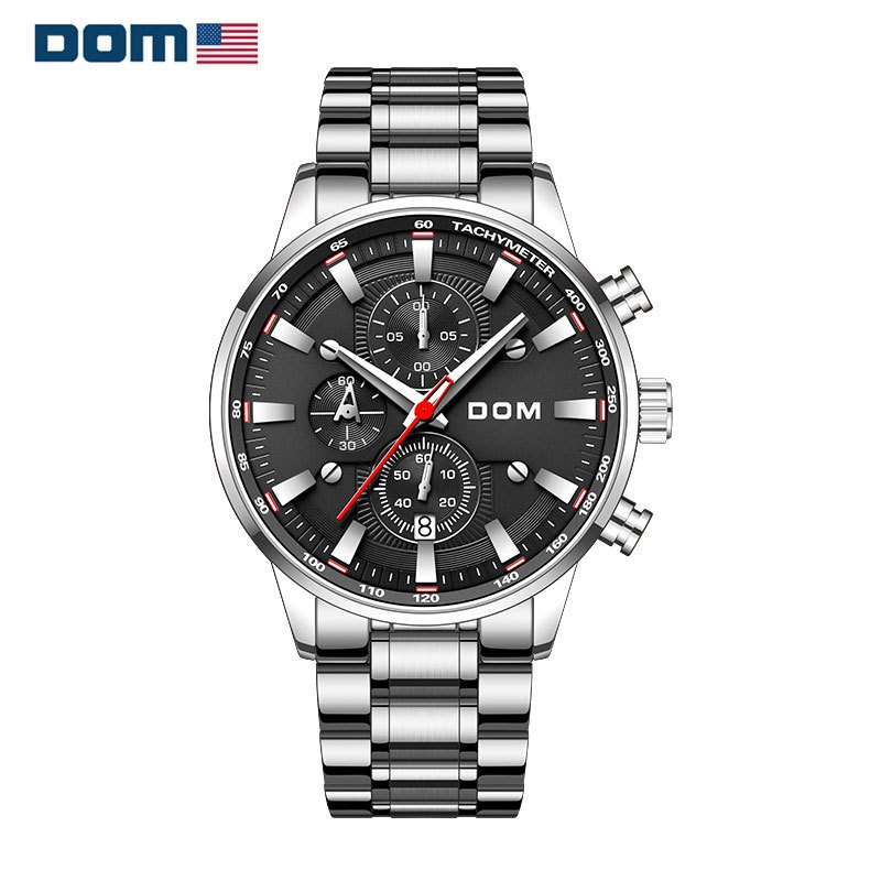 美国dom多姆品牌手表男士时尚潮流多功能跑秒计时三眼男石英表经典