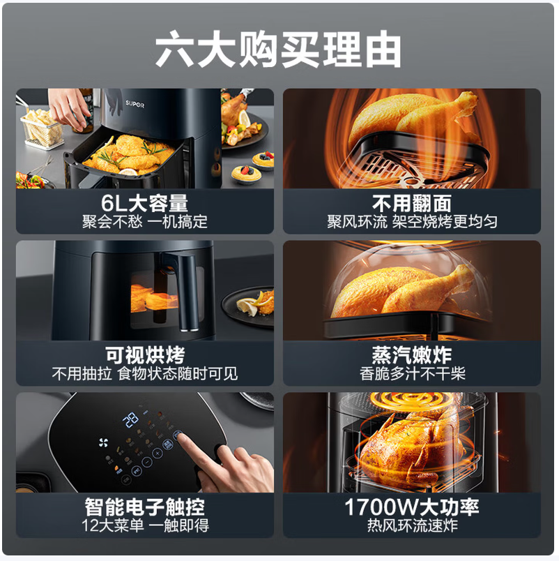 苏泊尔SUPOR智能空气炸锅多功能低脂健康烹饪不粘内胆易清洗高效节能家用电器高清大图