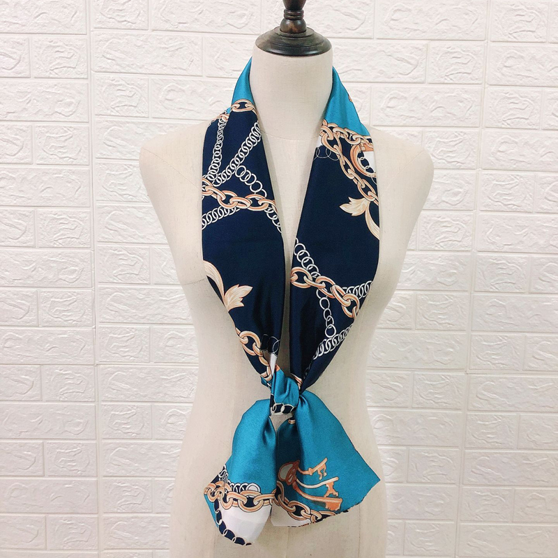 春秋冬季韩国小丝巾女士百搭长条围巾职业丝巾细窄小领巾纱巾装饰蓝色