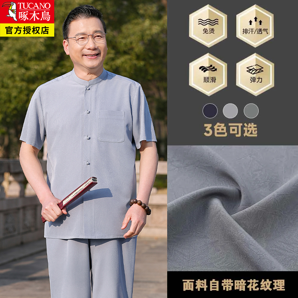啄木鸟短袖套装男士夏季冰丝爸爸装唐装中老年爷爷中式衣服两件套 浅灰两件套 41XL140-155斤