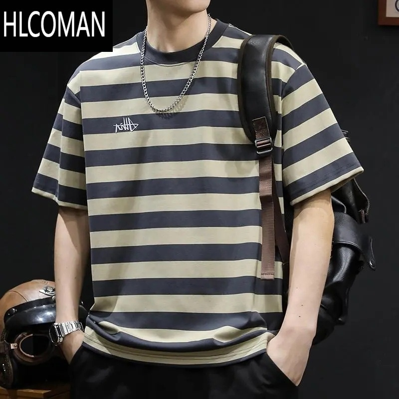 HLCOMAN2024夏季新款宽松大码男款圆领套头体恤潮牌条纹撞色短袖T恤上衣