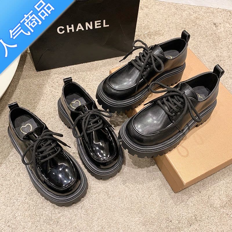 SUNTEK厚底乐福鞋女2023年春夏新款百搭英伦风黑色系带小皮鞋日系jk鞋子图片