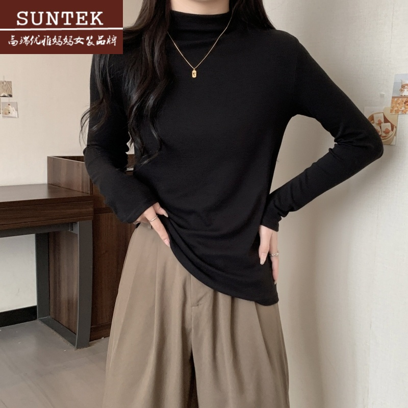 suntek胖mm双面德绒打底衫女大码半高领长袖t恤女新款显瘦内搭上衣