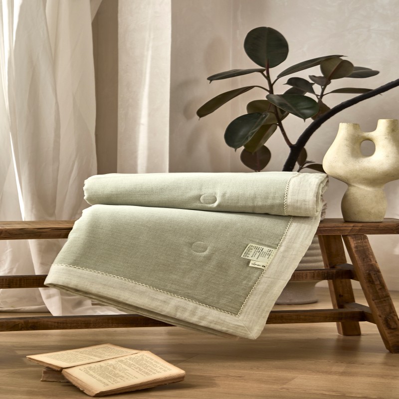 汉司家纺 HANSI-78 棉麻撞色款夏被 150*200cm (计价单位:条)绿色+本色高清大图