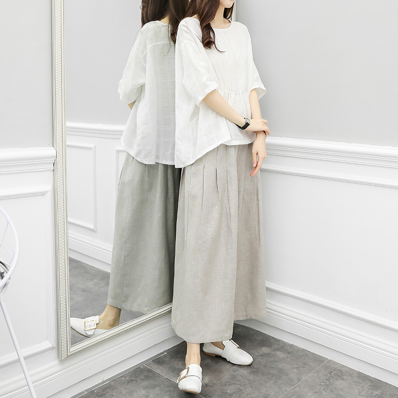 时尚棉麻阔腿裤套装女夏装文艺复古胖mm大码女装休闲亚麻两件套