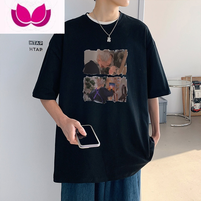 七斓潮流宽松短袖T恤男港风圆领白色百搭体恤ins卡通印花休闲半袖上衣