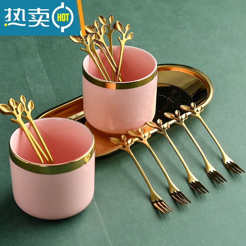 敬平水果叉套装创意可爱家用不锈钢叉子ins北欧水果签果插欧式小奢华 绿金收纳罐1个高清大图