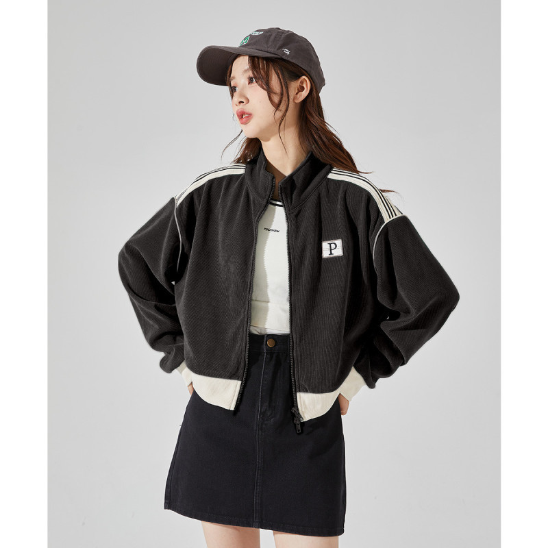 唐狮秋冬新款女立领短款拼接卫衣外套百搭减龄时髦韩系别致