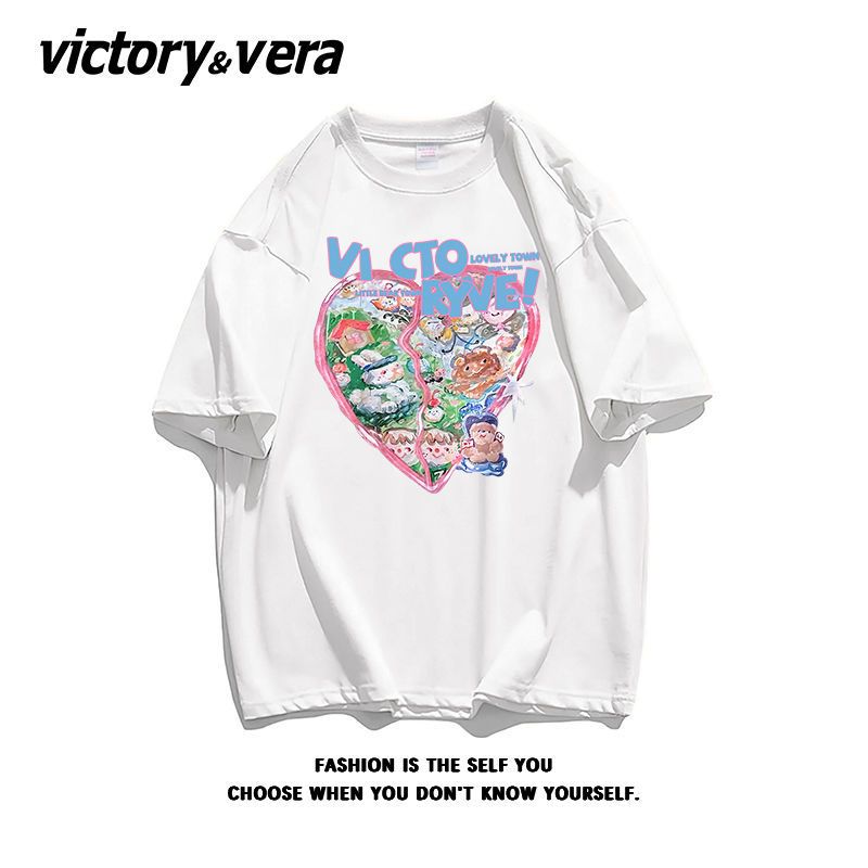VICTORYVERA复古纯棉爱心原宿风短袖t恤夏季ins甜美BF半袖上衣服