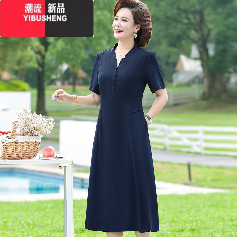 yibusheng中老年装休闲连衣裙阔太太短袖过膝长裙40岁50中年妈妈纯色