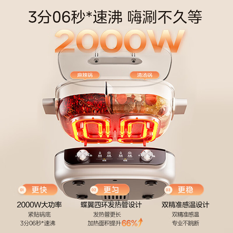 美的(Midea)电火锅MC-HGS303015分体式鸳鸯锅 电煮锅多功能锅3分06秒分区电热锅6.5L多用途锅