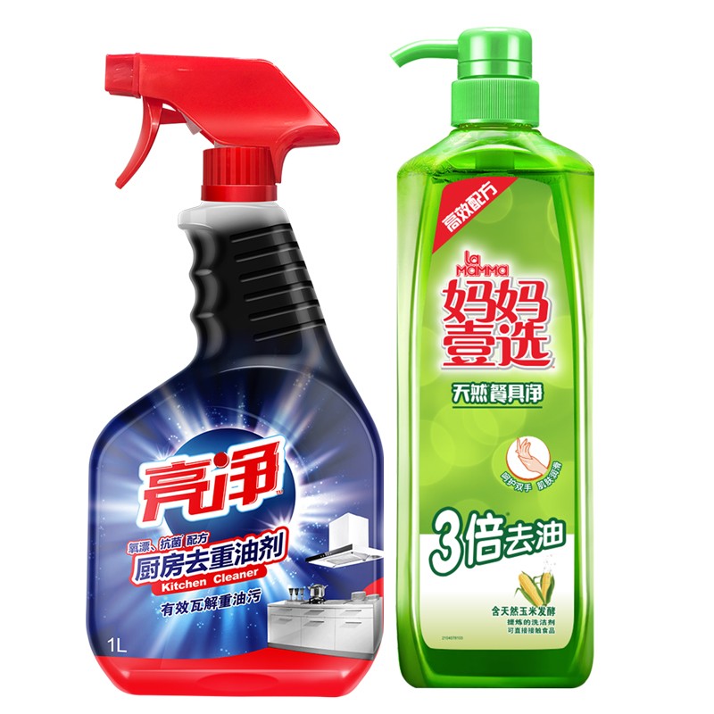 威露士亮净 厨房去重油剂(氧漂抗菌配方)1L+妈妈壹选餐具净800g洁净光亮组合装高清大图