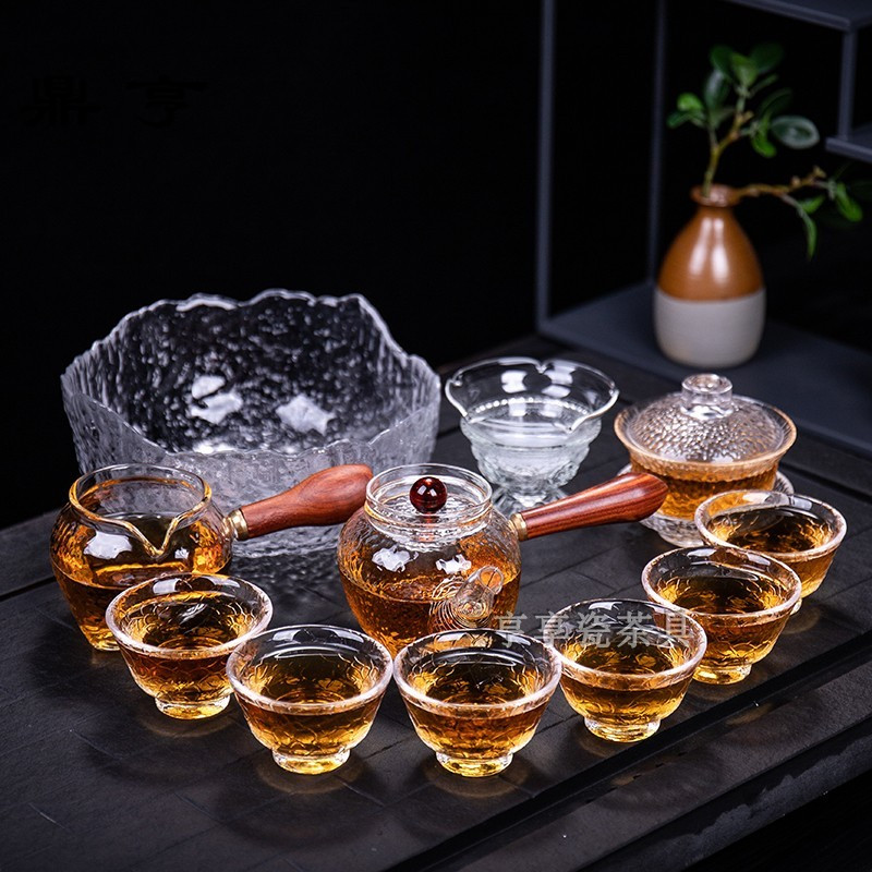 鼎亨日式耐热锤纹玻璃功夫茶具套装家用花茶侧把泡茶壶茶杯红茶冲