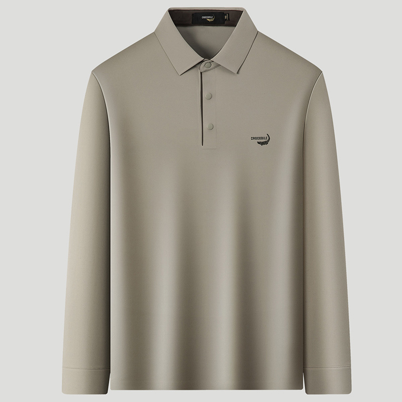鳄鱼恤CROCODILE 专款男士商务长袖polo衫秋冬舒适柔软休闲T恤 米杏色 50码