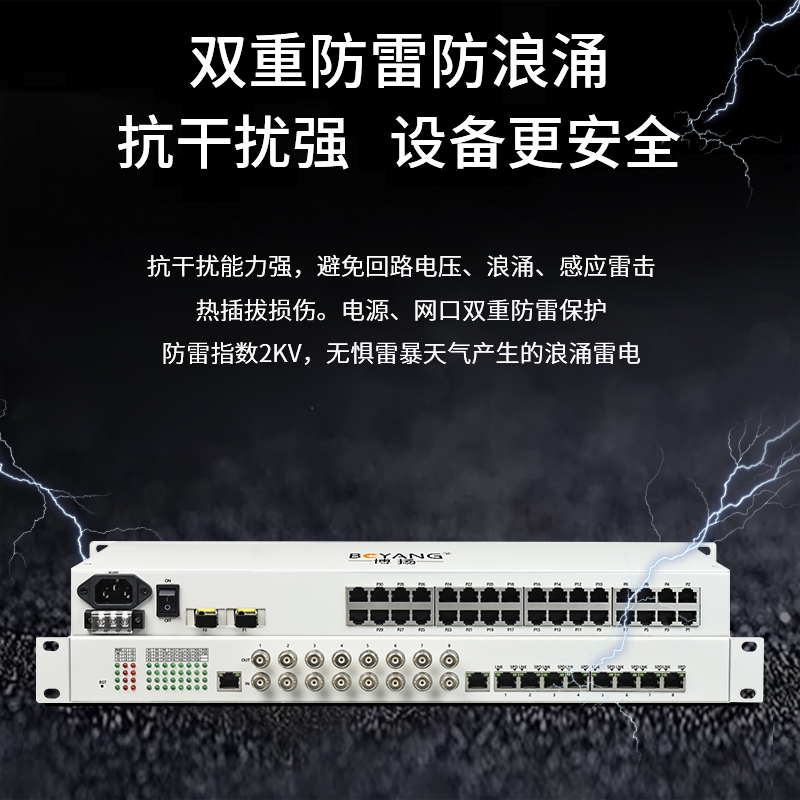 博扬 综合业务电话光端机 16路电话+8路百兆以太网物理隔离 单纤60km 机架式 1对价BY-16P8FV-60km