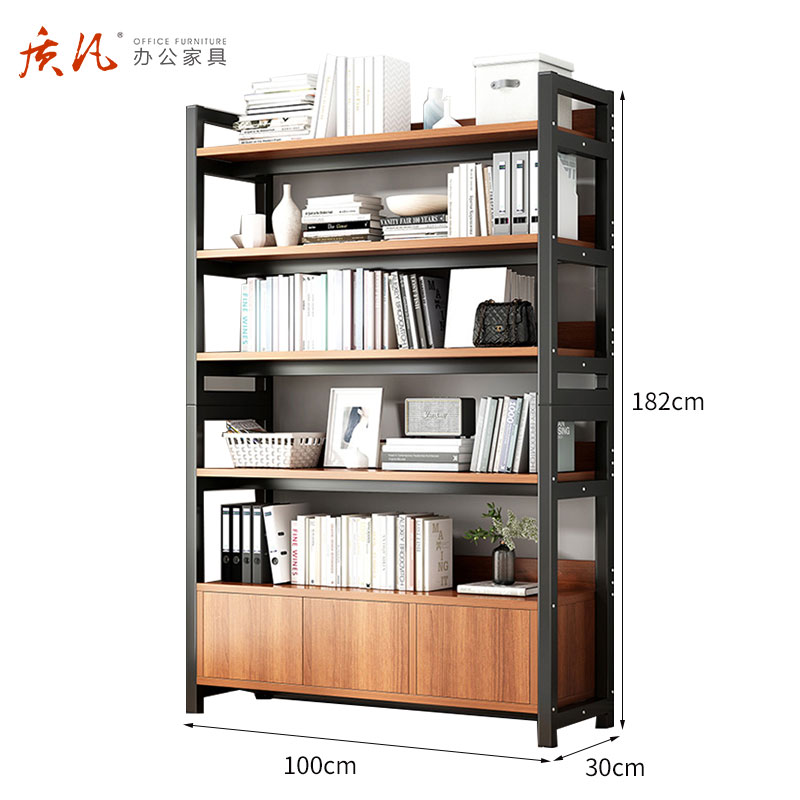 质凡家用书架置物架多层货架铁房带柜门置物展示柜陈列架 100*30*182cm