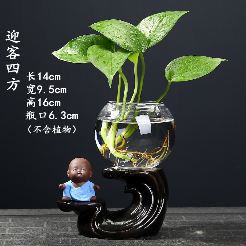 创意绿萝水培植物透明玻璃小花瓶陶瓷客厅装饰品水养插花器皿摆件 三维工匠 功夫-迎客四方 中等高清大图