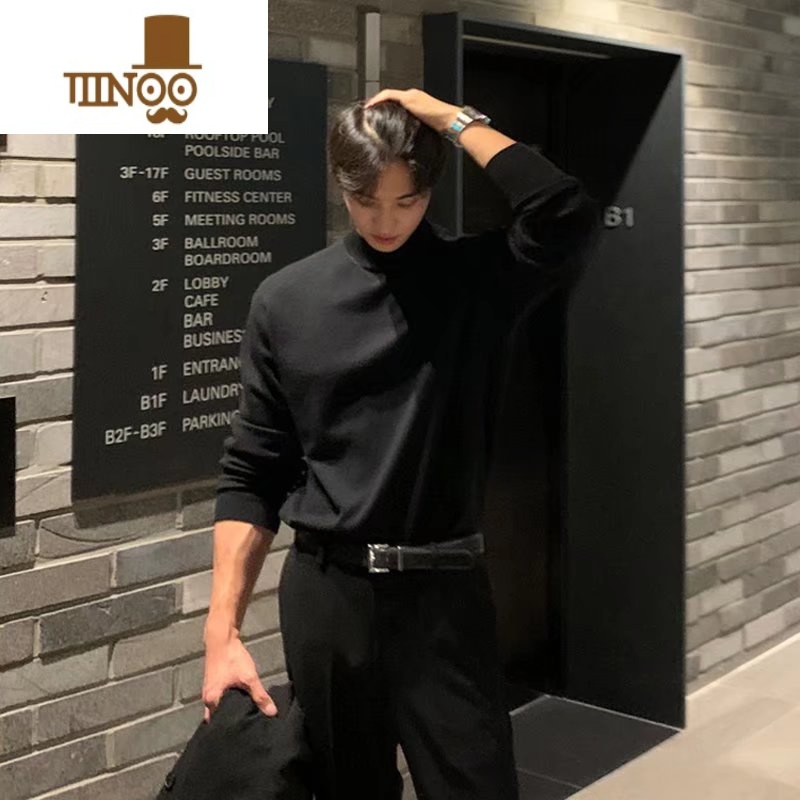YANXU感半高领毛衣男韩版宽松休闲纯色中领针织打底衫长袖内搭 M 黑色高端款