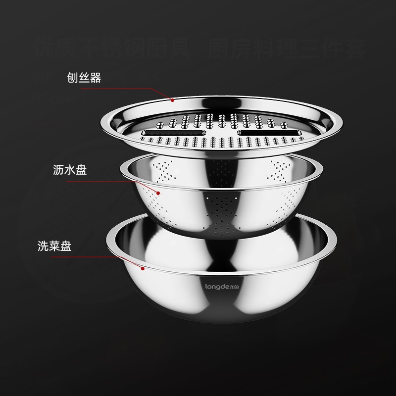 龙的(longde)厨房三宝不锈钢切菜神器家用土豆丝切丝器刨丝器切片器加厚揉面盆双层水果洗菜沥水篮 LD-CJ892-3高清大图