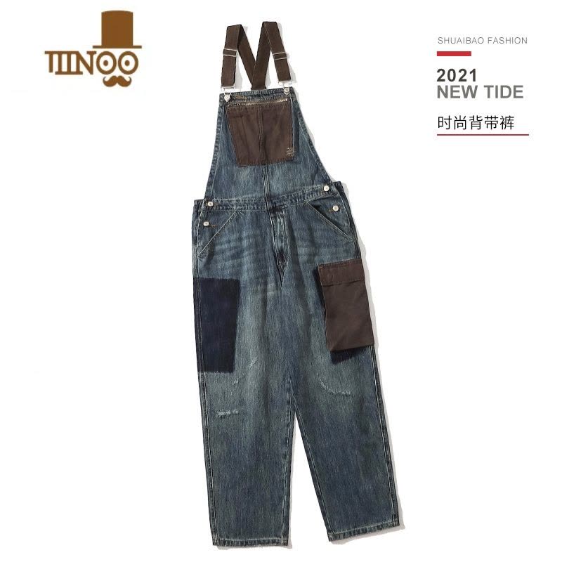 YANXU「MODI&DICHAO日系复古工装背带裤男女撞色吊带牛仔裤连体套装图片