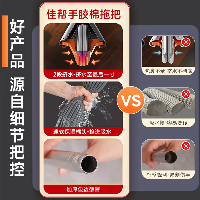 佳帮手 33T1二次挤水胶棉拖把灰橙2只头330*60*1240高清大图